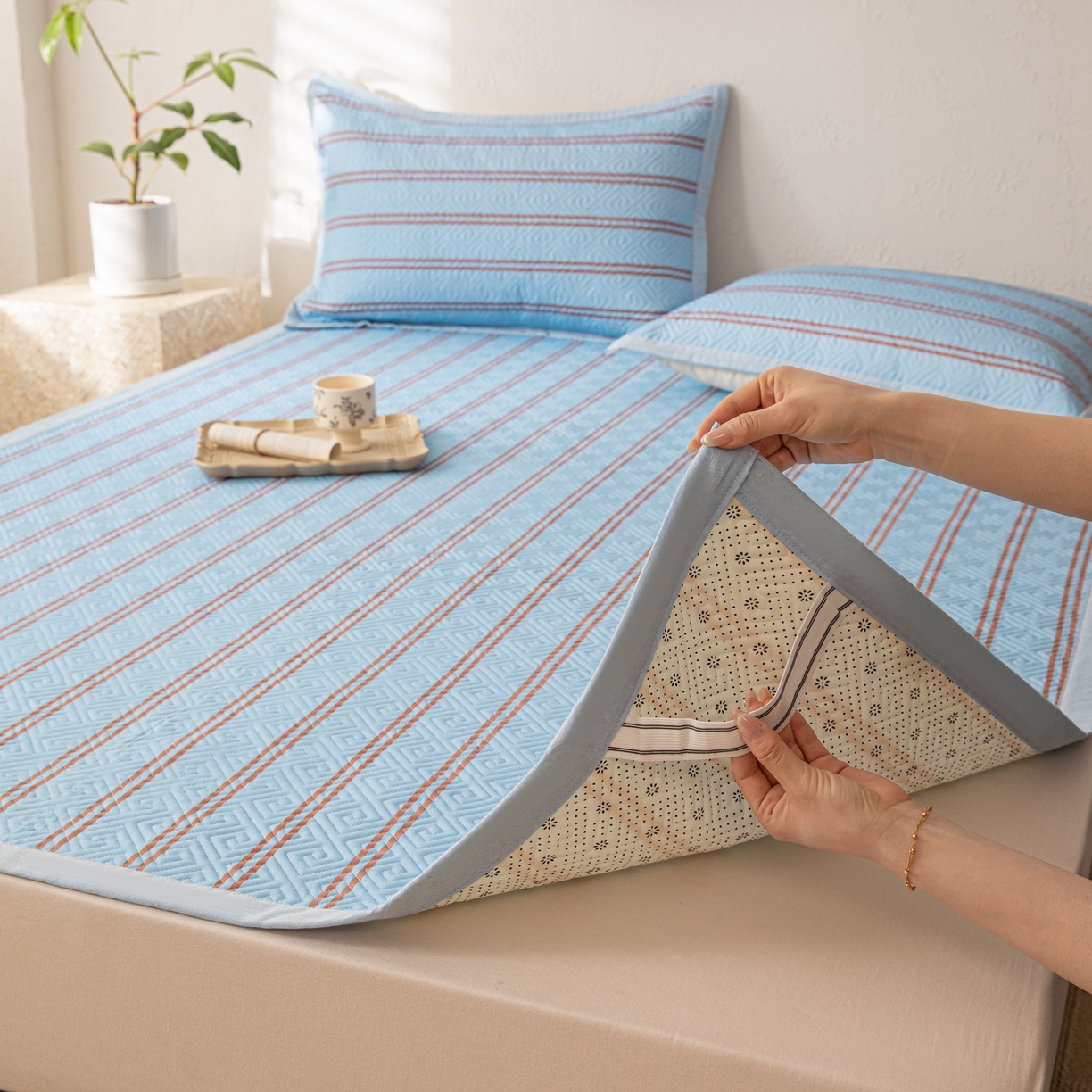 91家纺网 家纺一手货源 找家纺 雅萱家纺 2026春夏新款全棉老粗布软席凉席席子 软席-纹蓝