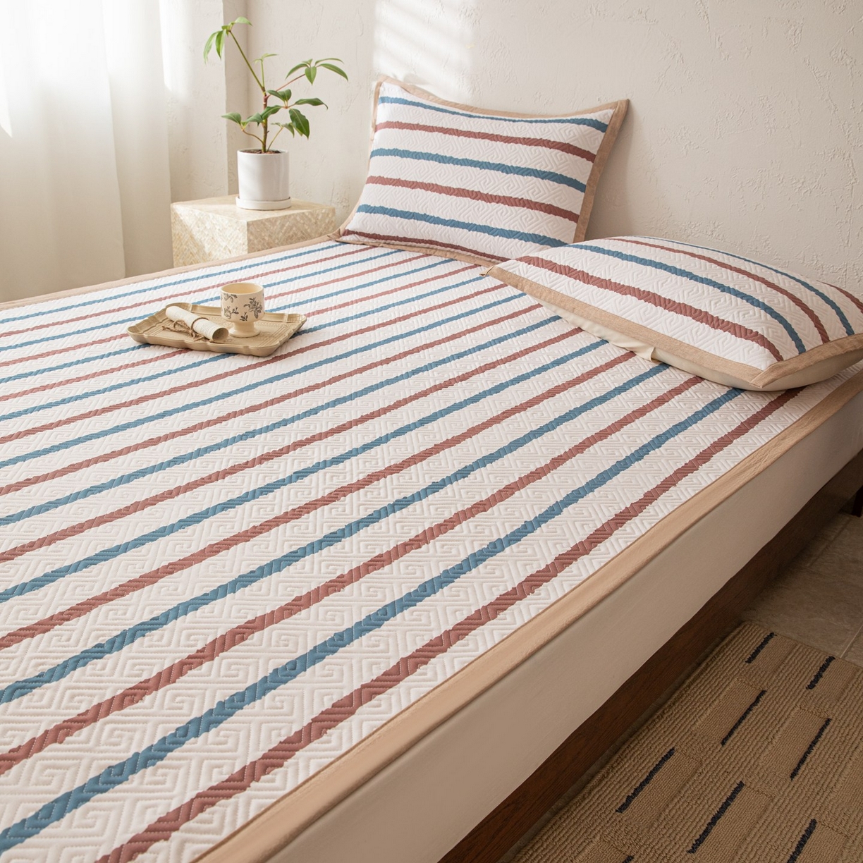 91家纺网 家纺一手货源 找家纺 雅萱家纺 2026春夏新款全棉老粗布软席凉席席子 软席-条纹咖