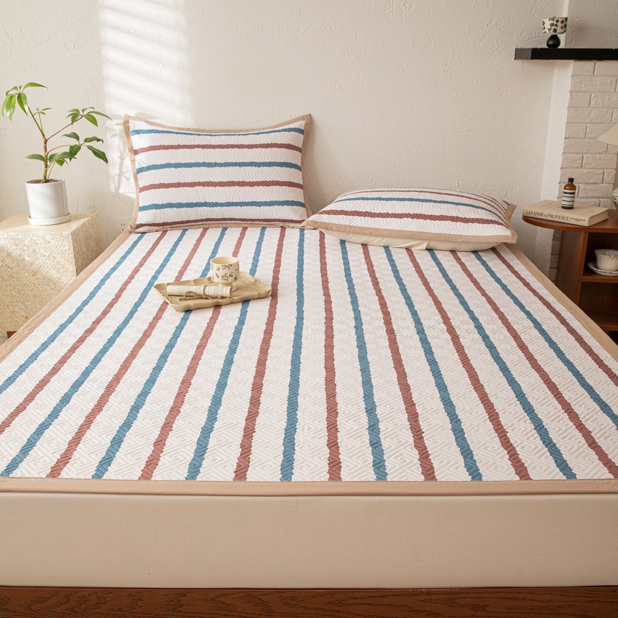 91家纺网 家纺一手货源 找家纺 雅萱家纺 2026春夏新款全棉老粗布软席凉席席子 软席-条纹咖