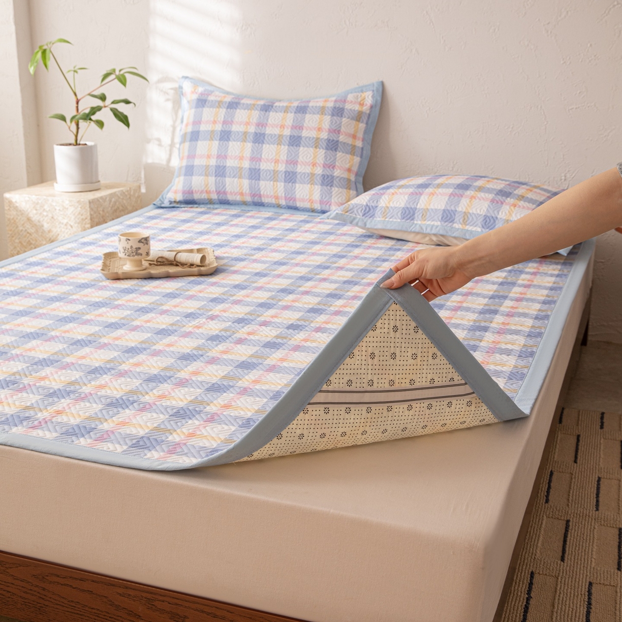 91家纺网 家纺一手货源 找家纺 雅萱家纺 2026春夏新款全棉老粗布软席凉席席子 软席-无印蓝