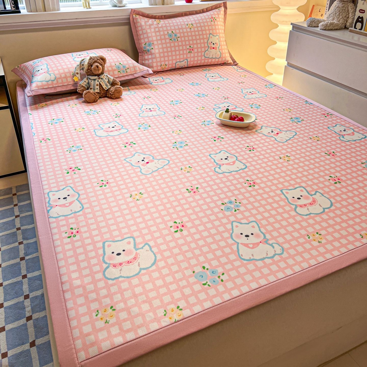 91家纺网 家纺一手货源 找家纺 女子家纺 2026新款费尔岛风冰丝凉席 粉格西高