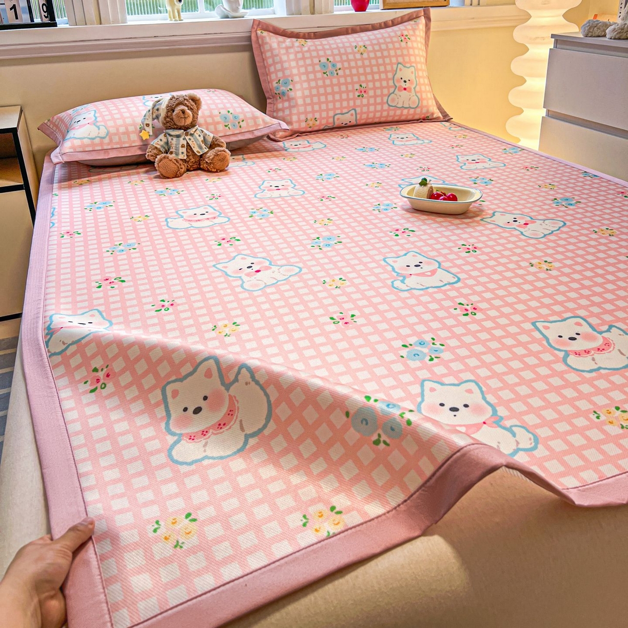 91家纺网 家纺一手货源 找家纺 女子家纺 2026新款费尔岛风冰丝凉席 粉格西高