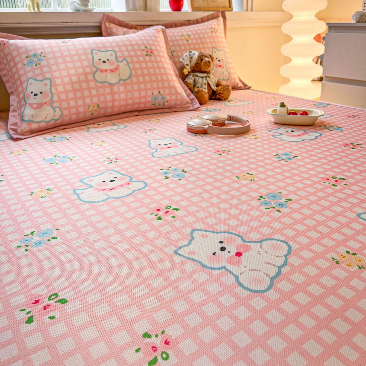 91家纺网 家纺一手货源 找家纺 女子家纺 2026新款费尔岛风冰丝凉席 粉格西高