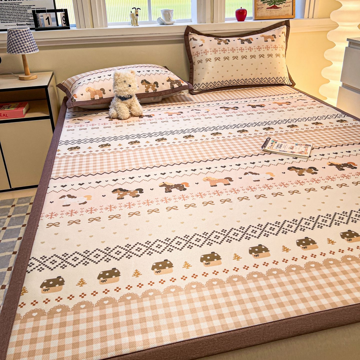 91家纺网 家纺一手货源 找家纺 女子家纺 2026新款费尔岛风冰丝凉席 费尔岛马