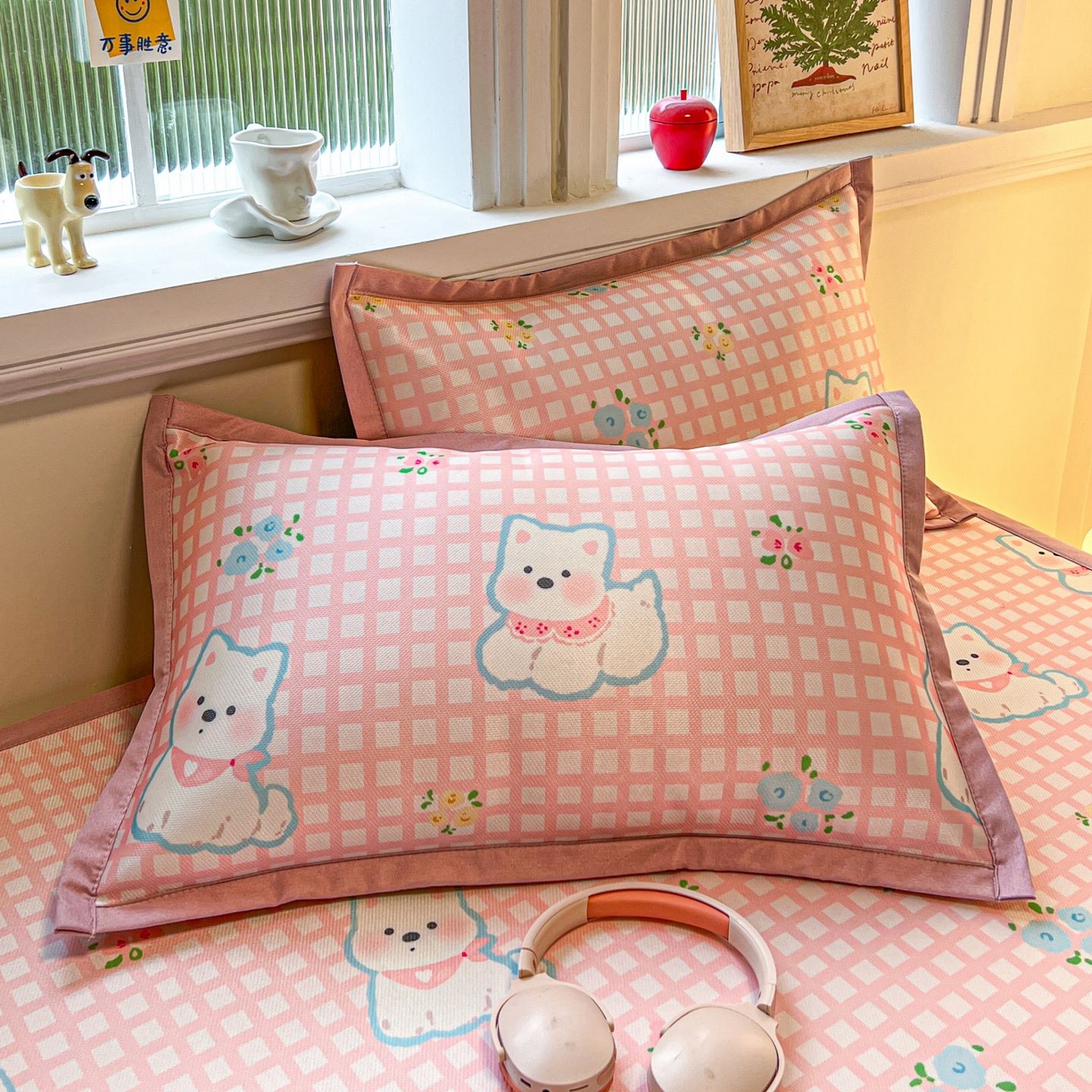 91家纺网 家纺一手货源 找家纺 女子家纺 2026新款费尔岛风冰丝凉席夏被套件系列 粉格西高