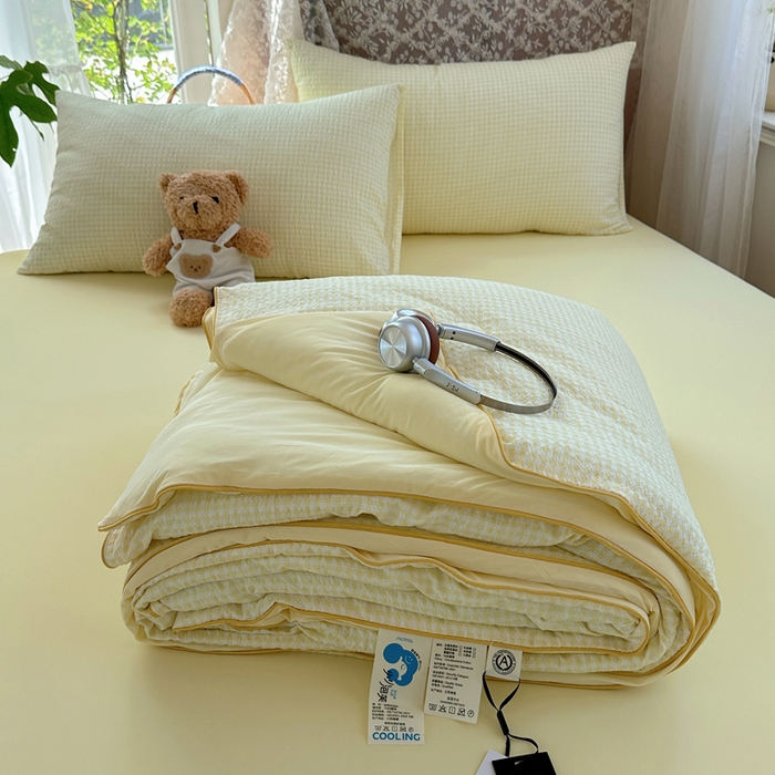 91家纺网 家纺一手货源 找家纺 贝扬思家纺 2026春夏新款高品质A类泡芙纱床盖夏被夏凉被空调被四件套-青提系列 青提-浅蓝花织