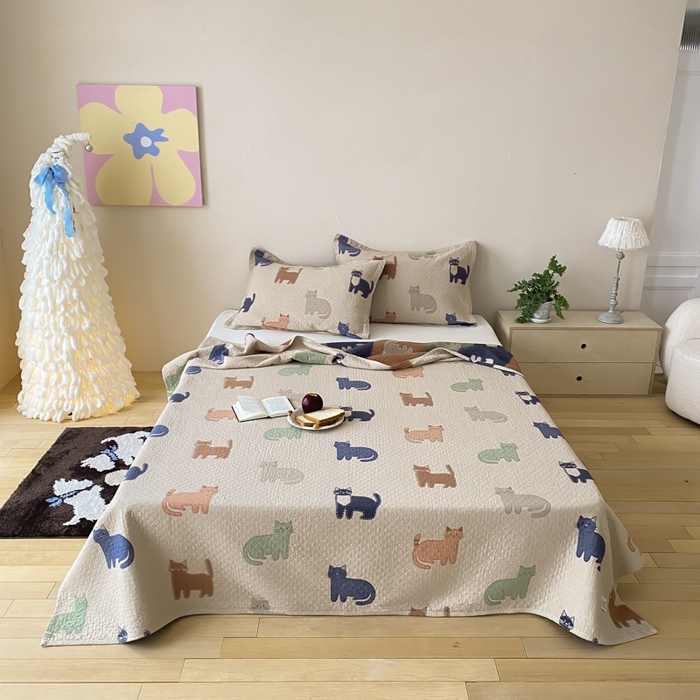 麻依 2026新款安心棉床盖三件全棉四层纱布床单 多彩猫咪