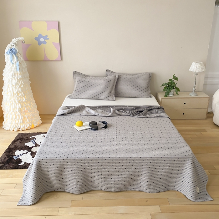 麻依 2026新款安心棉床盖三件全棉四层纱布床单 爱心点点-灰