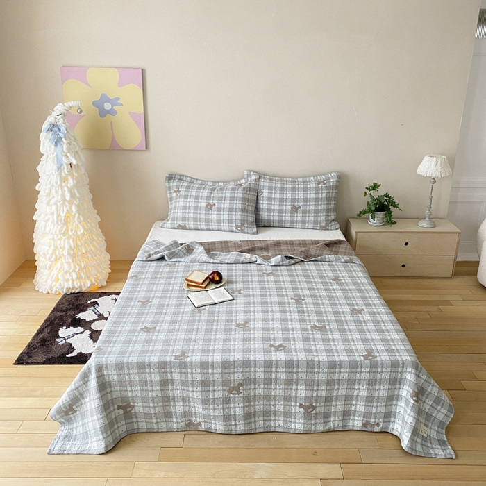 麻依 2026新款安心棉床盖三件全棉四层纱布床单 点点木马-蓝