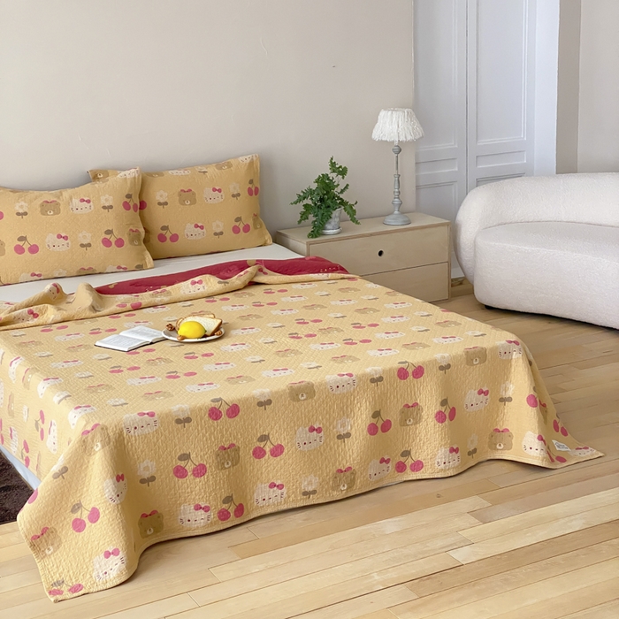 91家纺网 家纺一手货源 找家纺 麻依 2026新款安心棉床盖三件全棉四层纱布床单 樱桃KT-橘色