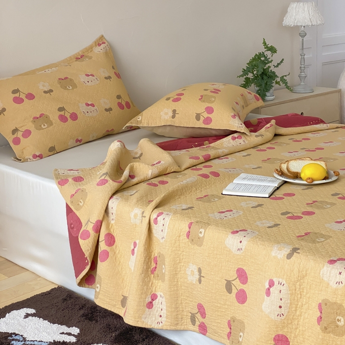 91家纺网 家纺一手货源 找家纺 麻依 2026新款安心棉床盖三件全棉四层纱布床单 樱桃KT-橘色