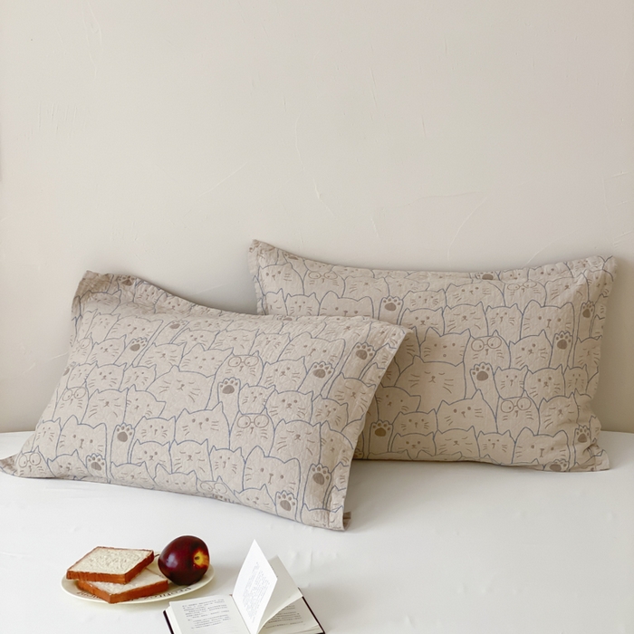 91家纺网 家纺一手货源 找家纺 麻依 2026新款安心棉床盖三件全棉四层纱布床单 线条猫咪-蓝