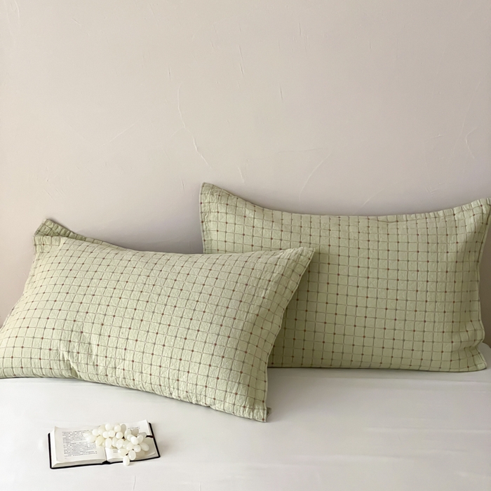 91家纺网 家纺一手货源 找家纺 麻依 2026新款安心棉床盖三件全棉四层纱布床单 小米格-绿