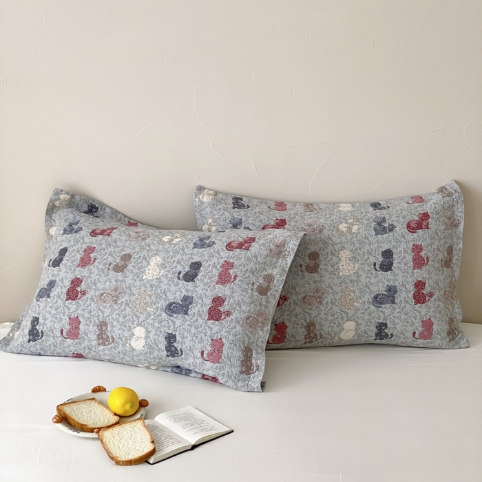 91家纺网 家纺一手货源 找家纺 麻依 2026新款安心棉床盖三件全棉四层纱布床单 花仙猫咪-蓝