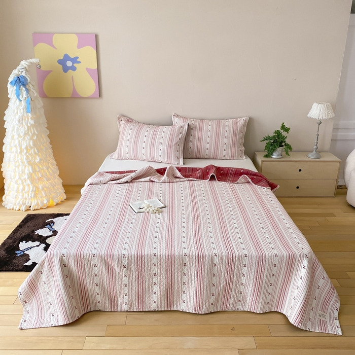 麻依 2026新款安心棉床盖三件全棉四层纱布床单 条条樱桃-粉