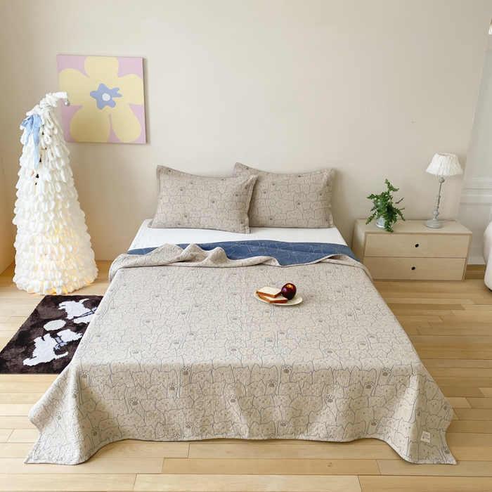 麻依 2026新款安心棉床盖三件全棉四层纱布床单 线条猫咪-蓝