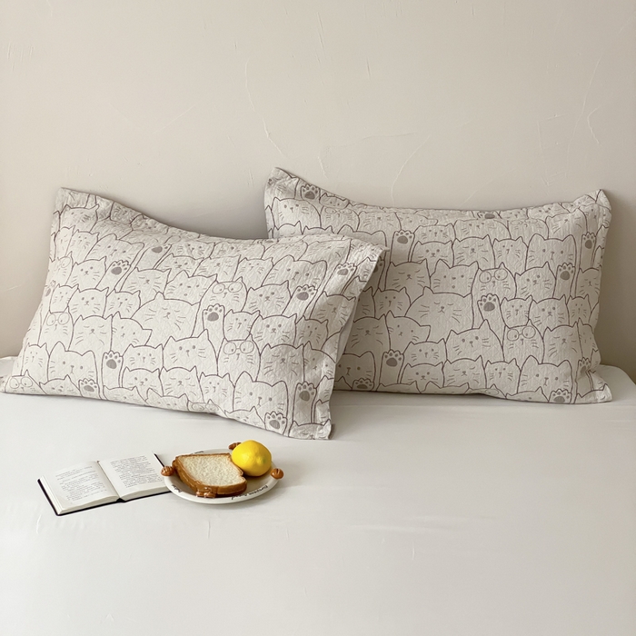 91家纺网 家纺一手货源 找家纺 麻依 2026新款安心棉床盖三件全棉四层纱布床单 线条猫咪-米