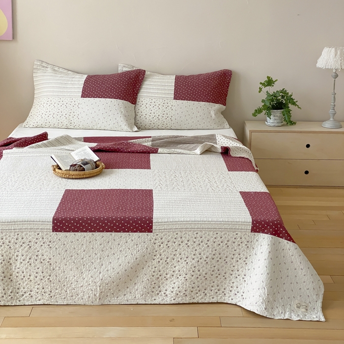 91家纺网 家纺一手货源 找家纺 麻依 2026新款安心棉床盖三件全棉四层纱布床单 加州阳光-红