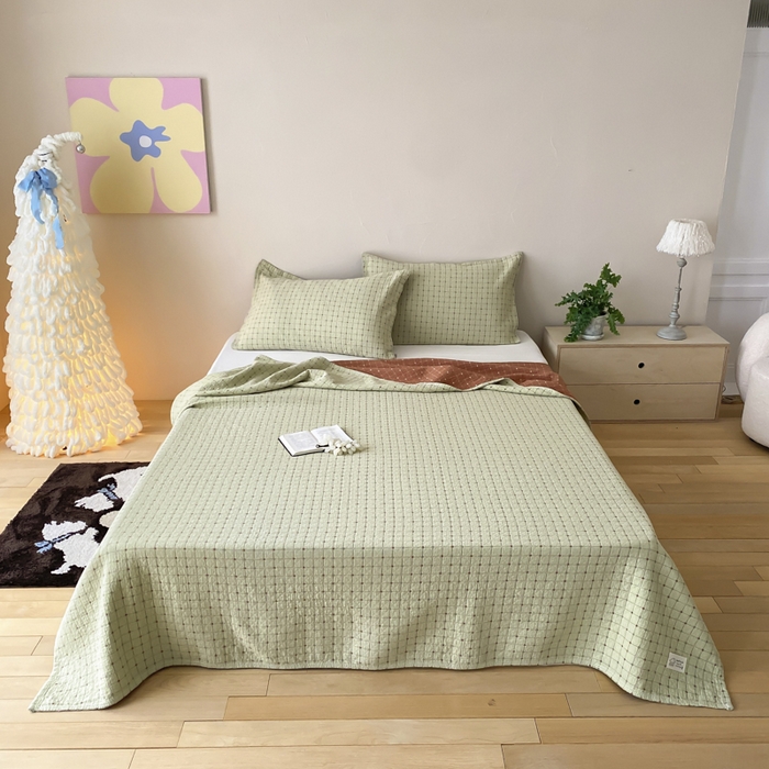 麻依 2026新款安心棉床盖三件全棉四层纱布床单 小米格-绿