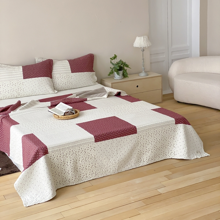 91家纺网 家纺一手货源 找家纺 麻依 2026新款安心棉床盖三件全棉四层纱布床单 加州阳光-红