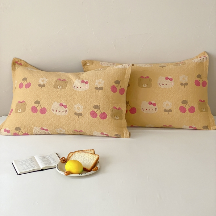 91家纺网 家纺一手货源 找家纺 麻依 2026新款安心棉床盖三件全棉四层纱布床单 樱桃KT-橘色