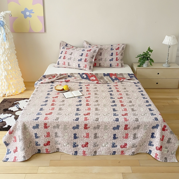 麻依 2026新款安心棉床盖三件全棉四层纱布床单 花仙猫咪-粉