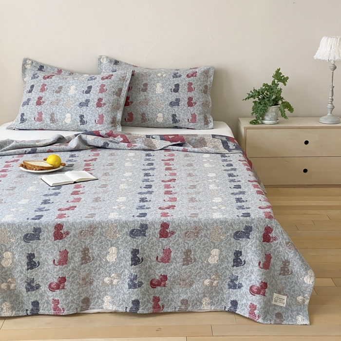 91家纺网 家纺一手货源 找家纺 麻依 2026新款安心棉床盖三件全棉四层纱布床单 花仙猫咪-蓝