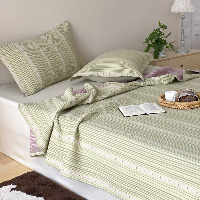 91家纺网 家纺一手货源 找家纺 麻依 2026新款安心棉床盖三件全棉四层纱布床单 清檬