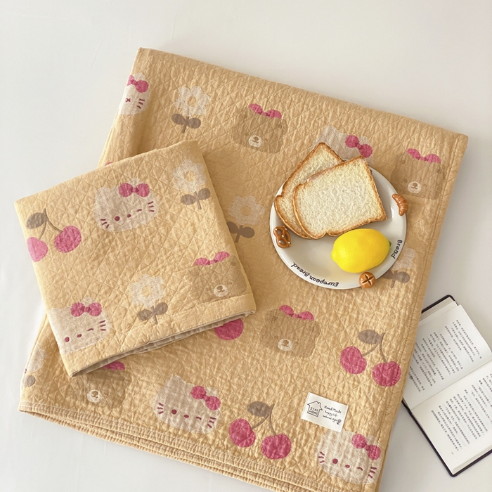 91家纺网 家纺一手货源 找家纺 麻依 2026新款安心棉床盖三件全棉四层纱布床单 樱桃KT-橘色