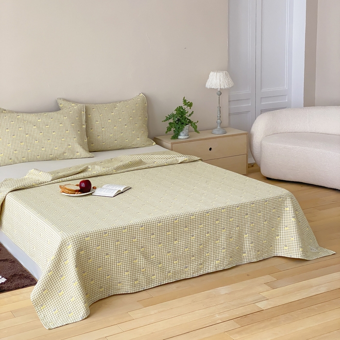 91家纺网 家纺一手货源 找家纺 麻依 2026新款安心棉床盖三件全棉四层纱布床单 小香樱桃-黄