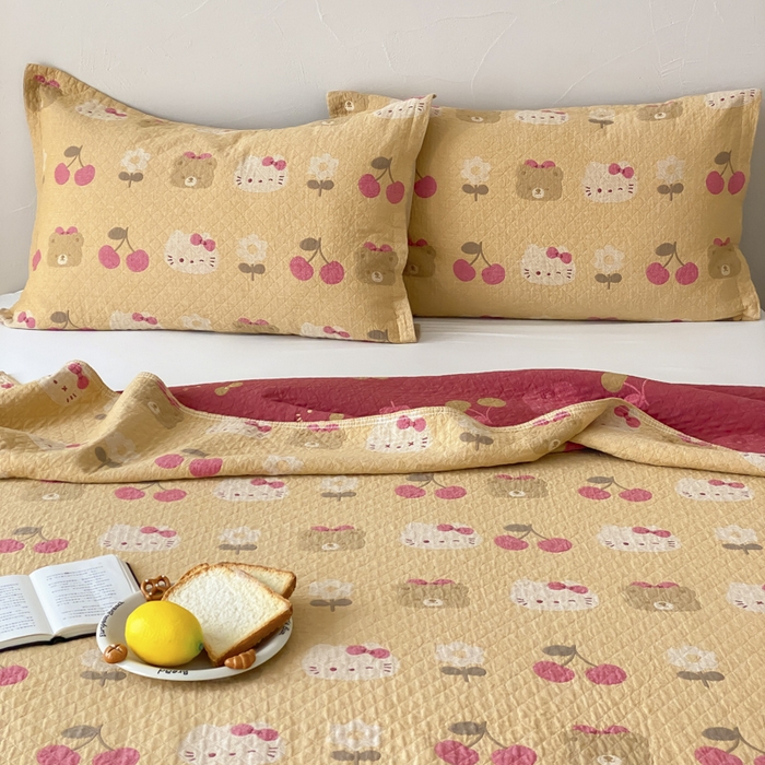 91家纺网 家纺一手货源 找家纺 麻依 2026新款安心棉床盖三件全棉四层纱布床单 樱桃KT-橘色