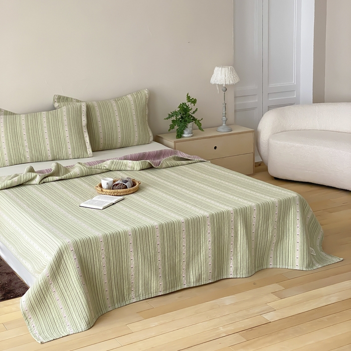 91家纺网 家纺一手货源 找家纺 麻依 2026新款安心棉床盖三件全棉四层纱布床单 清檬