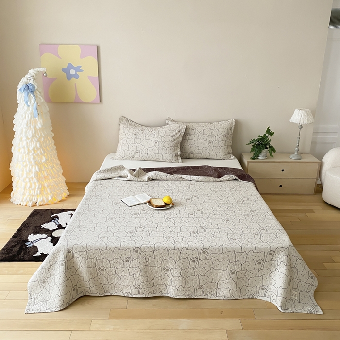 麻依 2026新款安心棉床盖三件全棉四层纱布床单 线条猫咪-米