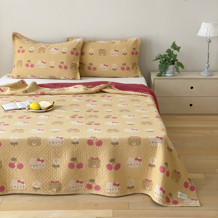 91家纺网 家纺一手货源 找家纺 麻依 2026新款安心棉床盖三件全棉四层纱布床单 樱桃KT-橘色