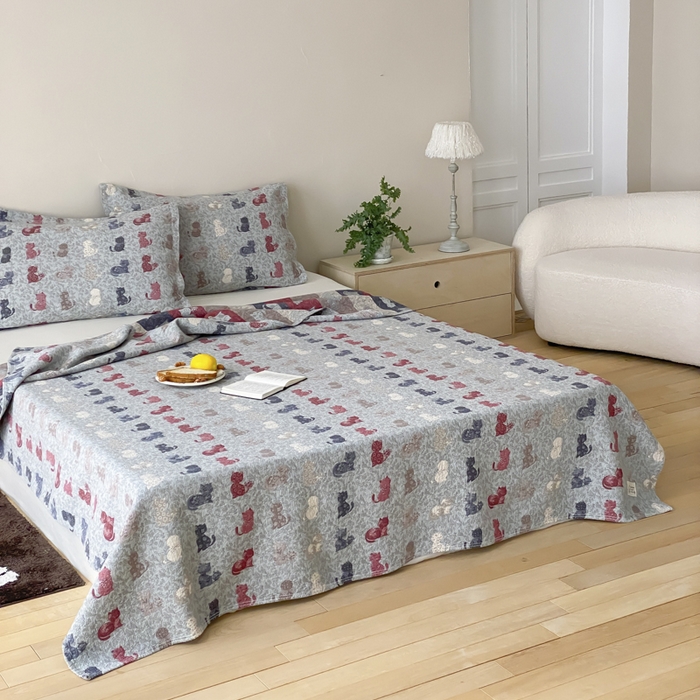 91家纺网 家纺一手货源 找家纺 麻依 2026新款安心棉床盖三件全棉四层纱布床单 花仙猫咪-蓝