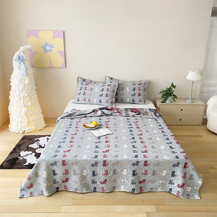 麻依 2026新款安心棉床盖三件全棉四层纱布床单 花仙猫咪-蓝