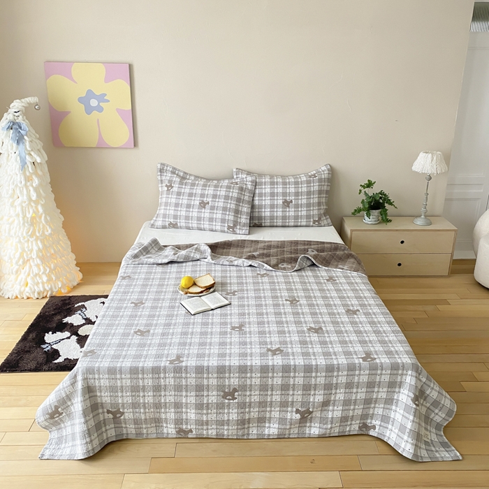 麻依 2026新款安心棉床盖三件全棉四层纱布床单 点点木马-灰