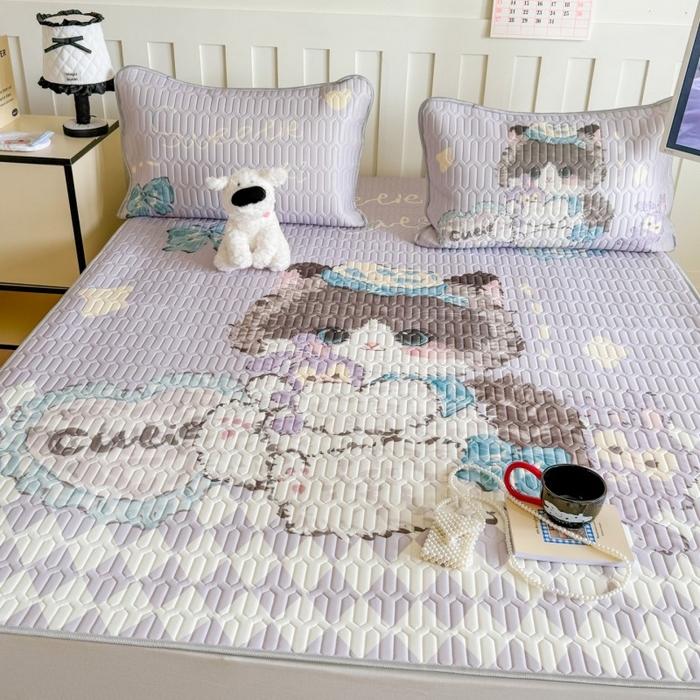 91家纺网 家纺一手货源 找家纺 顾里家纺 2026新款洛丽塔风乳胶席凉席席子三件套 萝莉猫咪