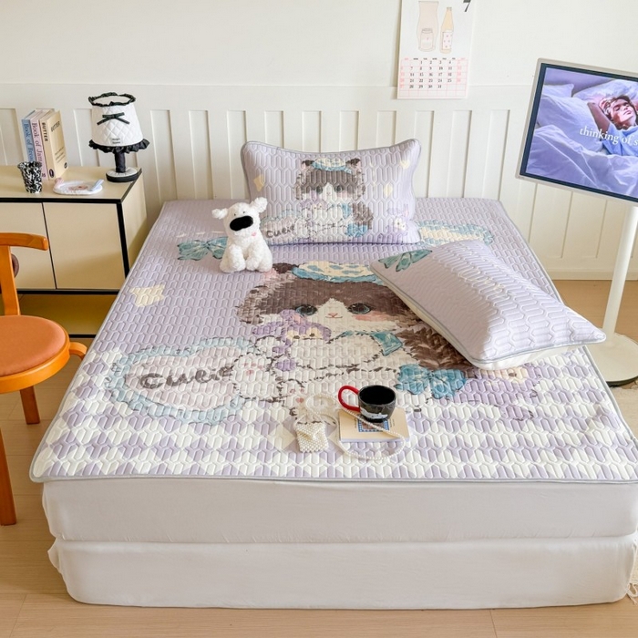 91家纺网 家纺一手货源 找家纺 顾里家纺 2026新款洛丽塔风乳胶席凉席席子三件套 萝莉猫咪