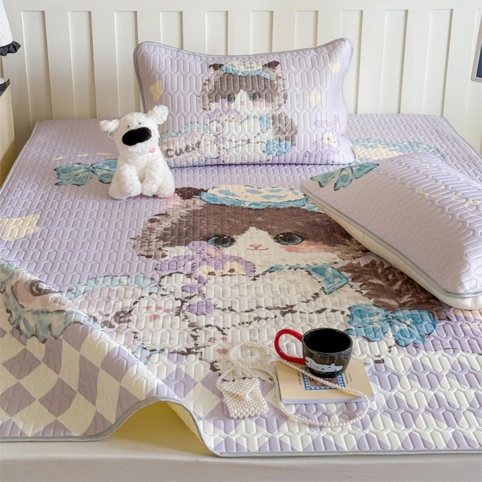 91家纺网 家纺一手货源 找家纺 顾里家纺 2026新款洛丽塔风乳胶席凉席席子三件套 萝莉猫咪