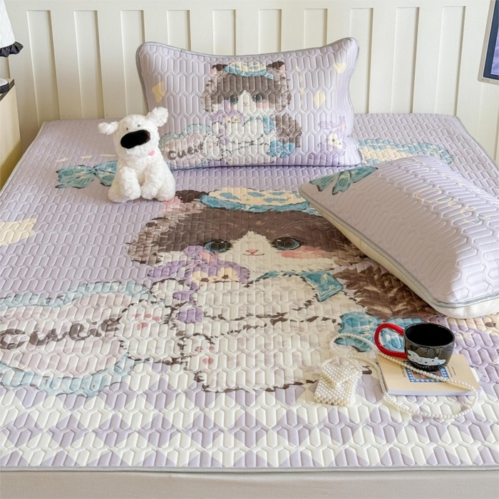 91家纺网 家纺一手货源 找家纺 顾里家纺 2026新款洛丽塔风乳胶席凉席席子三件套 萝莉猫咪