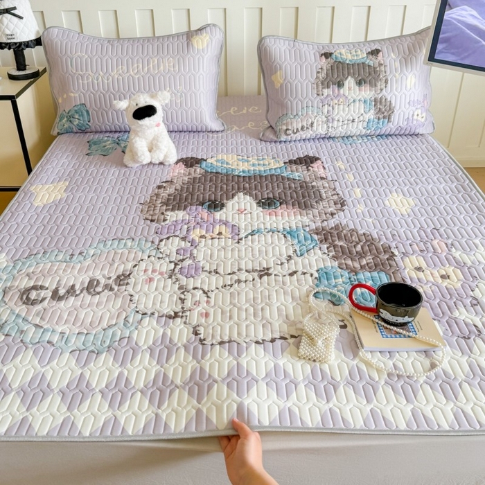 91家纺网 家纺一手货源 找家纺 顾里家纺 2026新款洛丽塔风乳胶席凉席席子三件套 萝莉猫咪