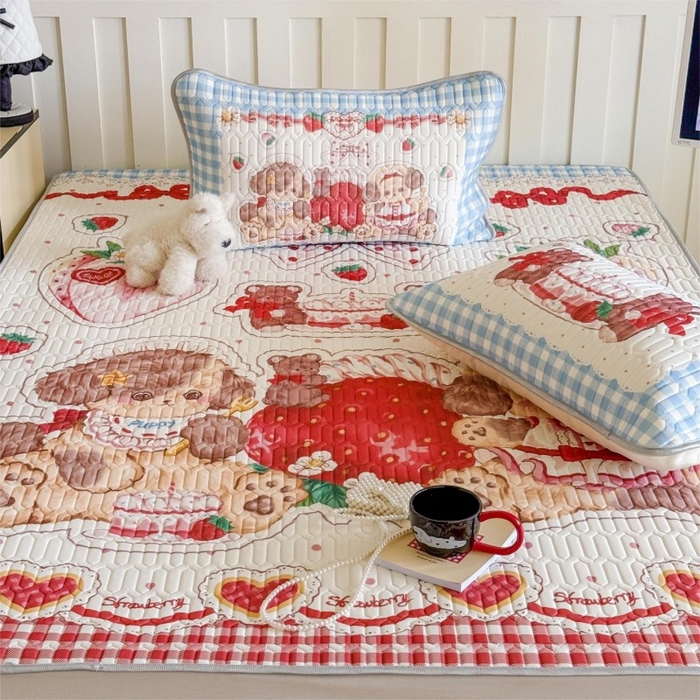 91家纺网 家纺一手货源 找家纺 顾里家纺 2026新款洛丽塔风乳胶席凉席席子三件套 甜品小狗