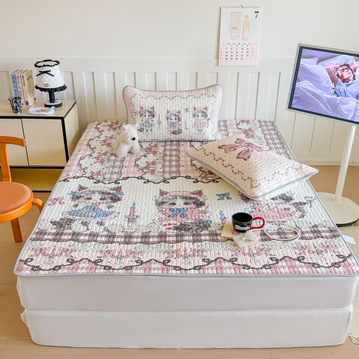 91家纺网 家纺一手货源 找家纺 顾里家纺 2026新款洛丽塔风乳胶席凉席席子三件套 哥特小猫