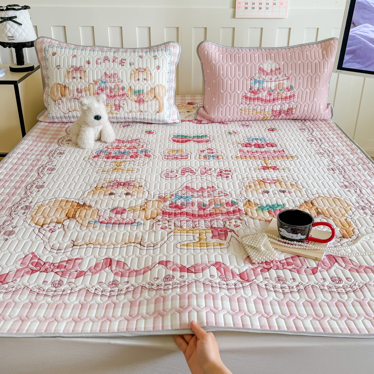 顾里家纺 2026新款洛丽塔风乳胶席凉席席子三件套 草莓猫咪