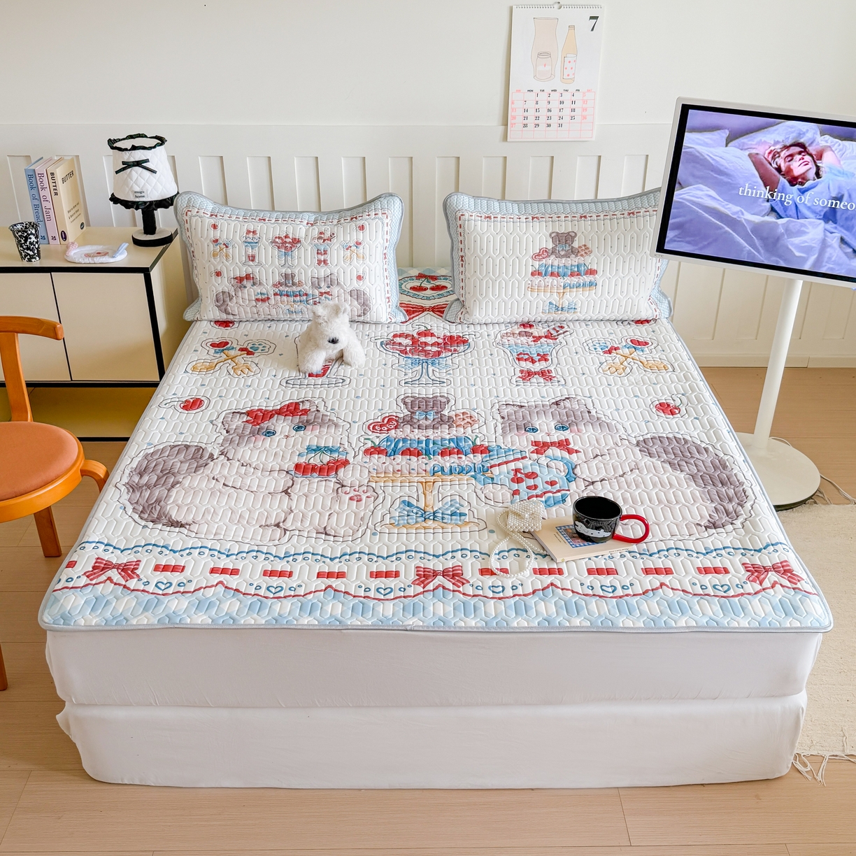 91家纺网 家纺一手货源 找家纺 顾里家纺 2026新款洛丽塔风乳胶席凉席席子三件套 小猫茶话会