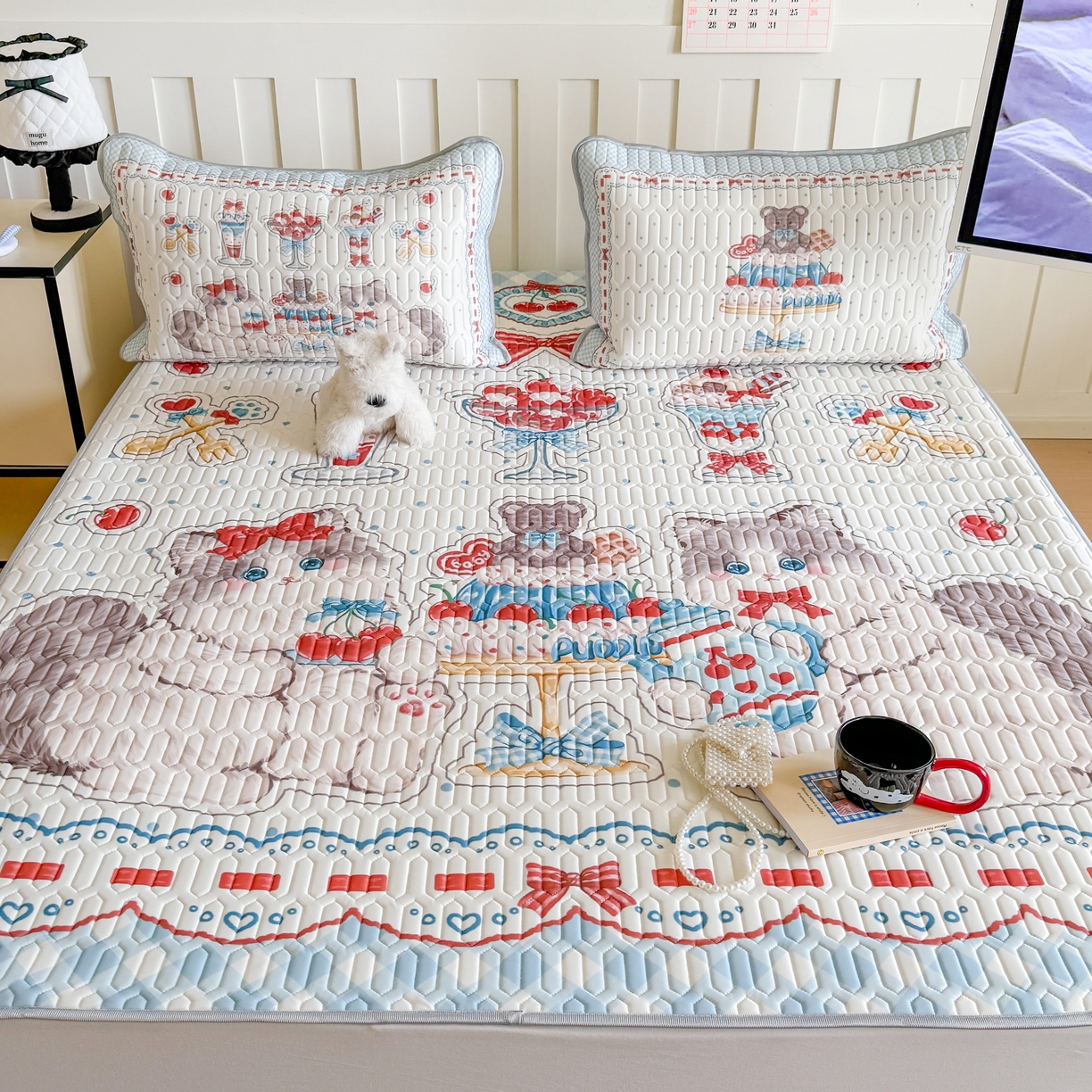 91家纺网 家纺一手货源 找家纺 顾里家纺 2026新款洛丽塔风乳胶席凉席席子三件套 小猫茶话会