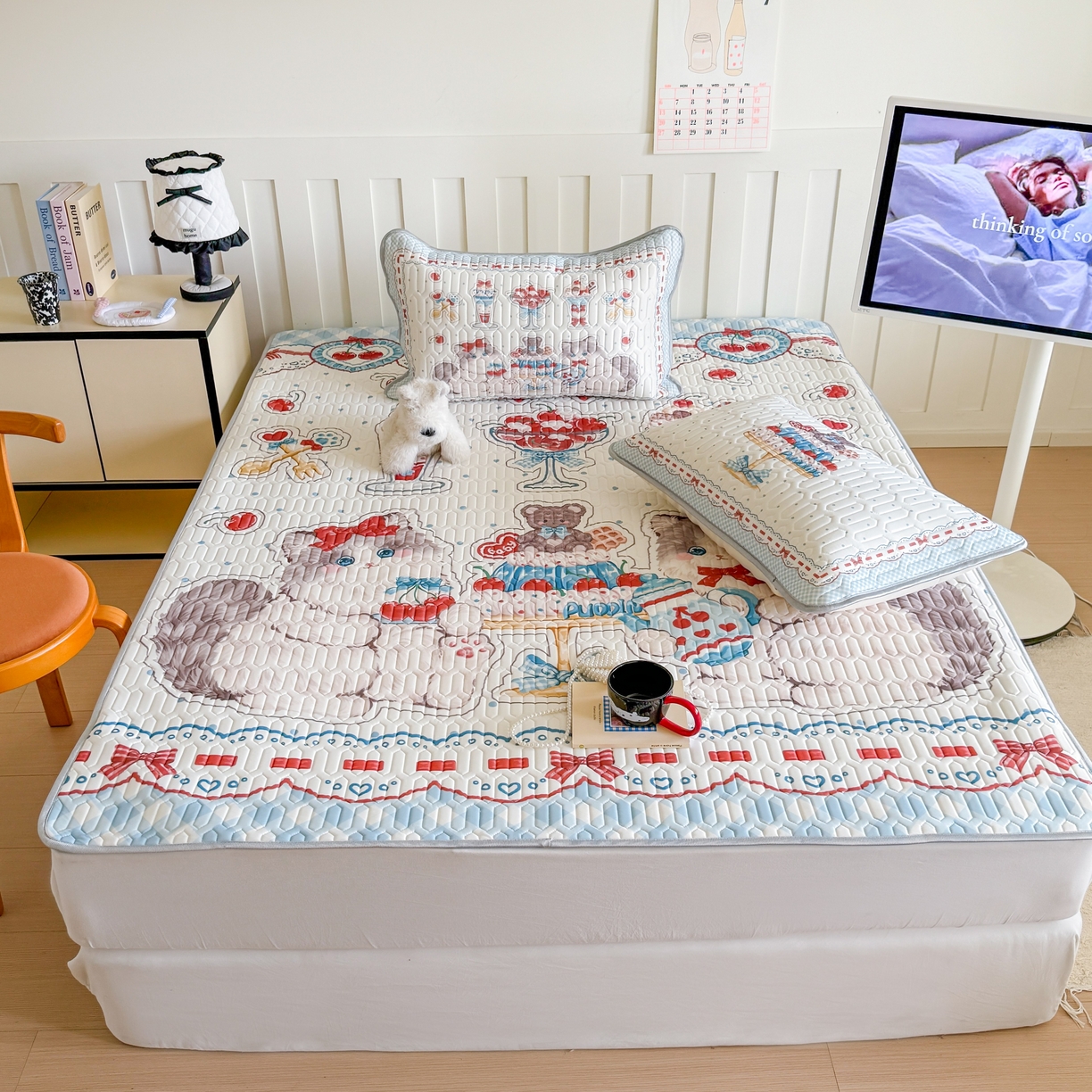 91家纺网 家纺一手货源 找家纺 顾里家纺 2026新款洛丽塔风乳胶席凉席席子三件套 小猫茶话会