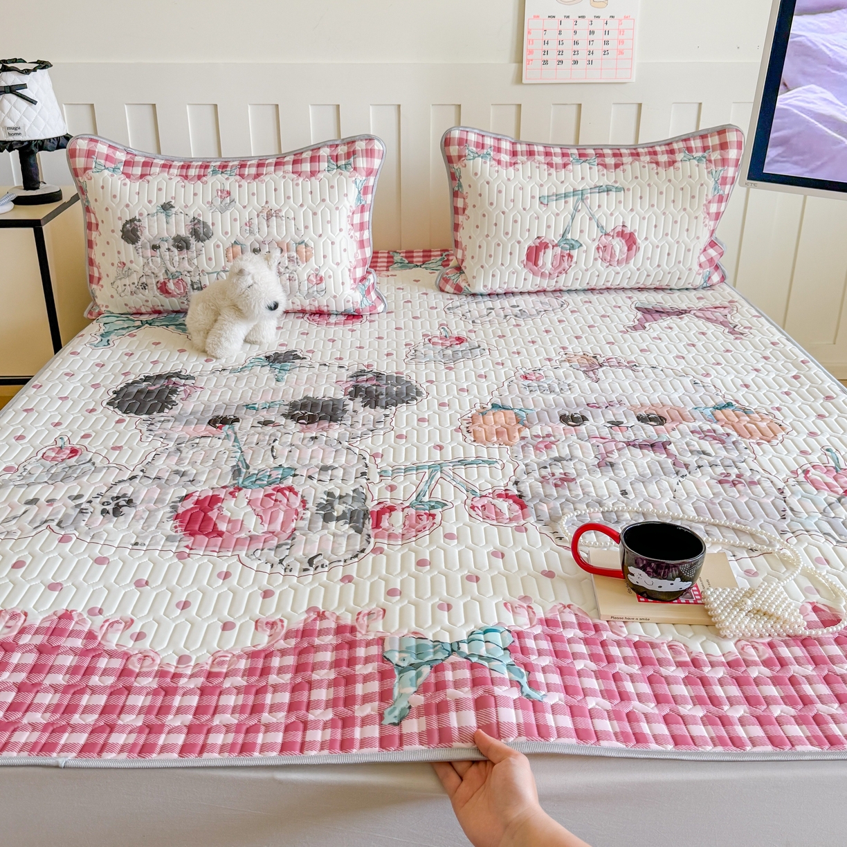 顾里家纺 2026新款洛丽塔风乳胶席凉席席子三件套 樱桃小狗