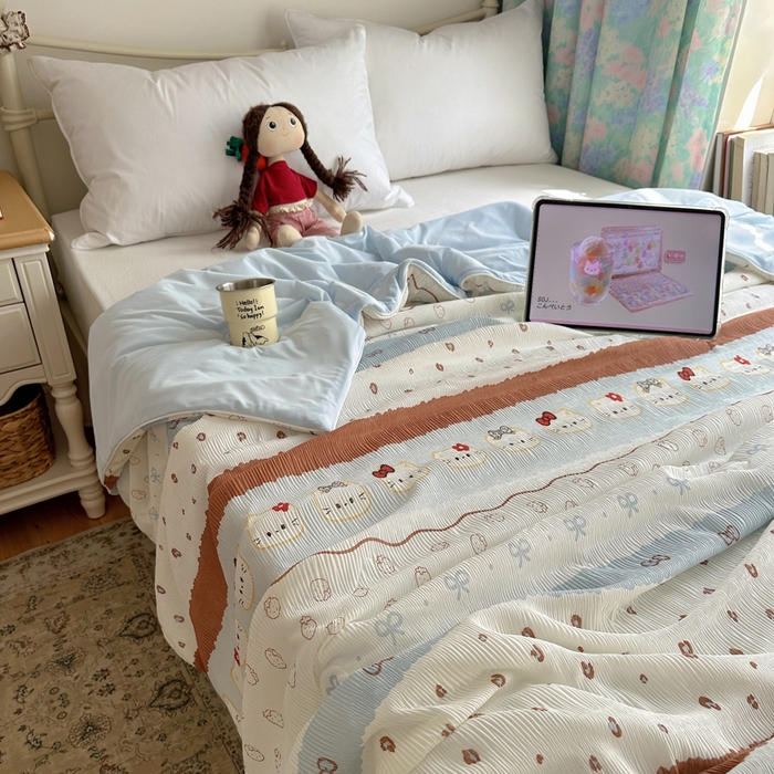 91家纺网 家纺一手货源 找家纺 顾里家纺 2026新款韩系费尔岛风泡泡凉感夏被夏凉被空调被 费尔岛猫猫